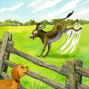Dog watching donkey kicking up legs in a pasture, through a wood fence