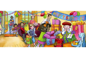 watercolor image of children arriving at a boy's birthday party