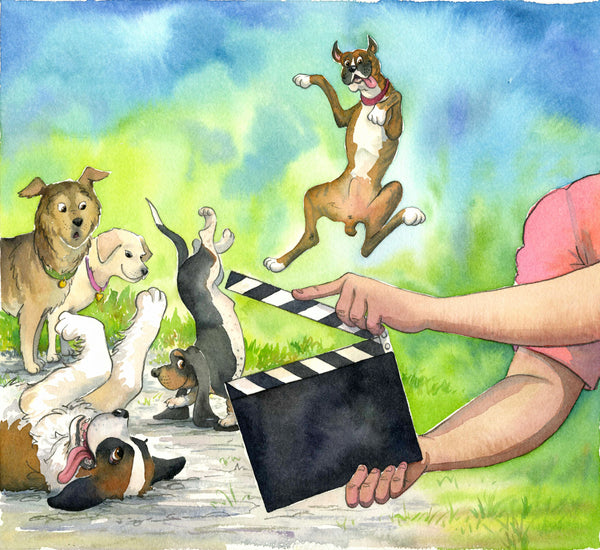 Two arms holding a movie scene board in front of five dogs doing antics.
