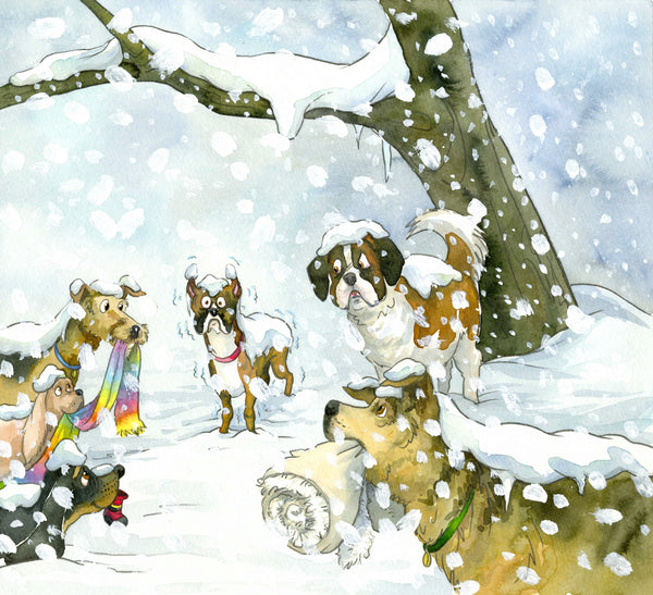 Five dogs holding warm clothing, surrounding a shivering boxer dog, beneath a tree, in the snow.