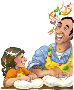 Italian girl and father bake and sing