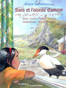 Inuit girl looking out window at an eider duck in a Northern Canadian landscape