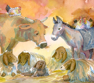 Original watercolor of cow, donkey, sheep, chickens in nativity scene by Leanne Franson