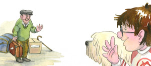 Original watercolor of a boy with brown hair with a large blond dog waving at an elderly man with luggage, book illustration by Leanne Franson