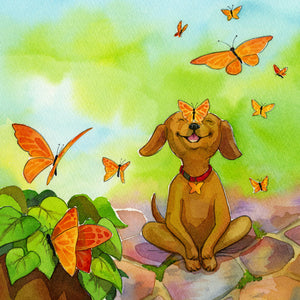 children picture book illustration of happy dog doing yoga with orange butterflies in garden