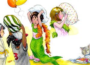 Watercolor Original Artwork of four girls having a pillow fight, middle girl with green mermaid costume, cat watching in lower corner, illustration by Leanne Franson
