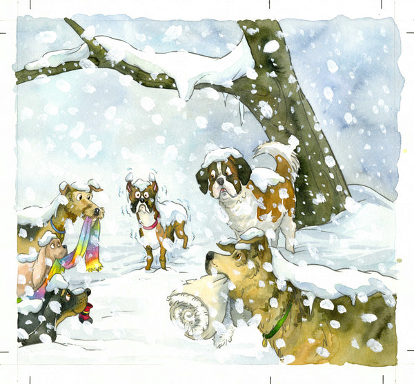 Five dogs holding warm clothing, surrounding a shivering boxer dog, beneath a tree, in the snow.