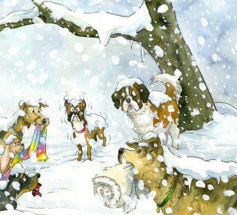 Five dogs holding warm clothing, surrounding a shivering boxer dog, beneath a tree, in the snow.