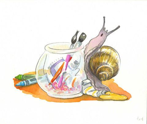 snail singing, on glass fishbowl with paint brushes, paint tube and wax crayons
