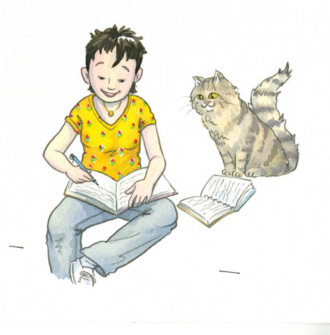 Teen Girl Doing Schoolwork with Cat